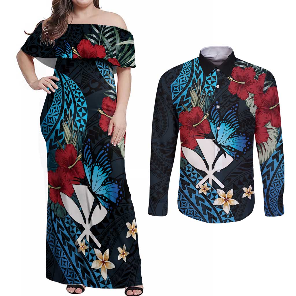 Hawaii Butterfly Couples Matching Off Shoulder Maxi Dress and Long Sleeve Button Shirt Kanaka Maoli Mix Hibiscus