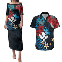 Hawaii Butterfly Couples Matching Puletasi and Hawaiian Shirt Kanaka Maoli Mix Hibiscus