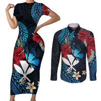 Hawaii Butterfly Couples Matching Short Sleeve Bodycon Dress and Long Sleeve Button Shirt Kanaka Maoli Mix Hibiscus