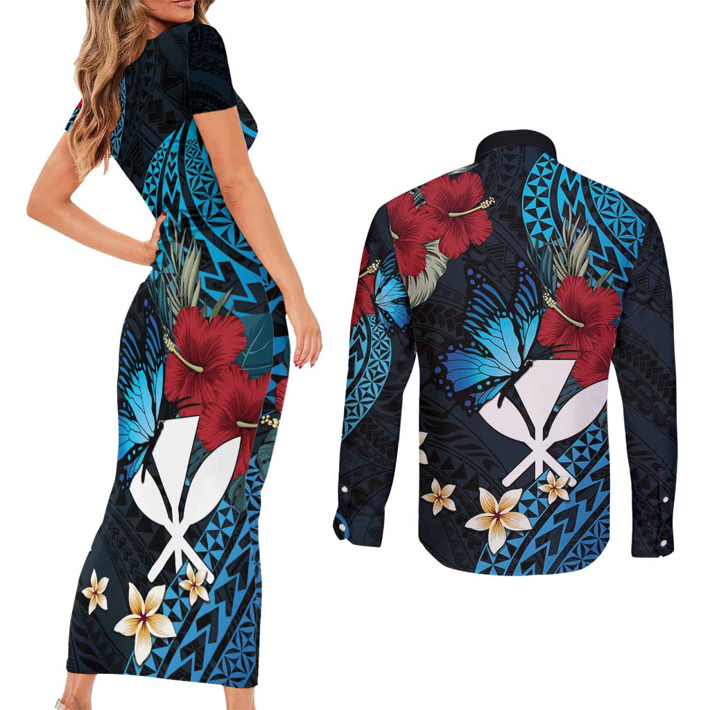 Hawaii Butterfly Couples Matching Short Sleeve Bodycon Dress and Long Sleeve Button Shirt Kanaka Maoli Mix Hibiscus