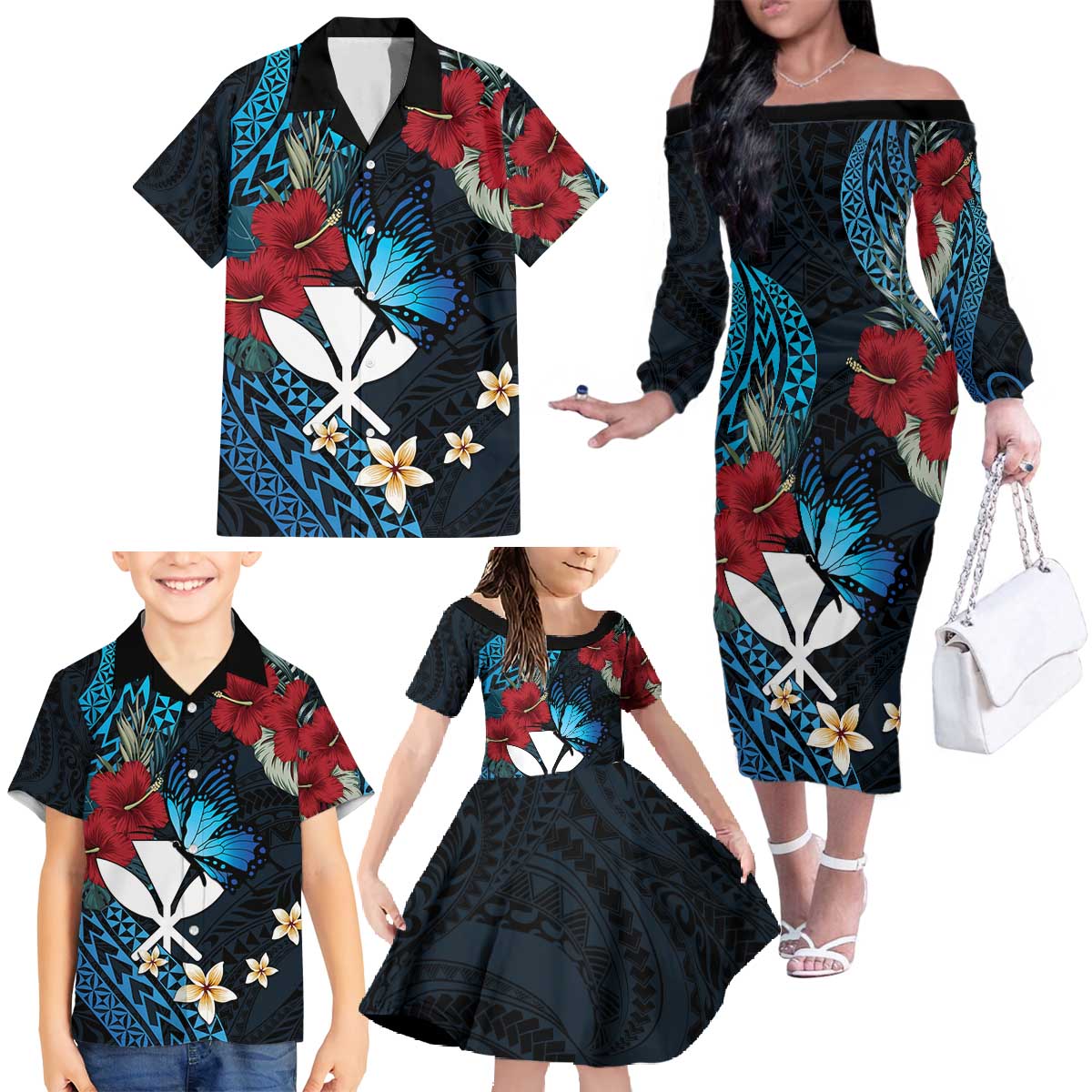 Hawaii Butterfly Family Matching Off The Shoulder Long Sleeve Dress and Hawaiian Shirt Kanaka Maoli Mix Hibiscus