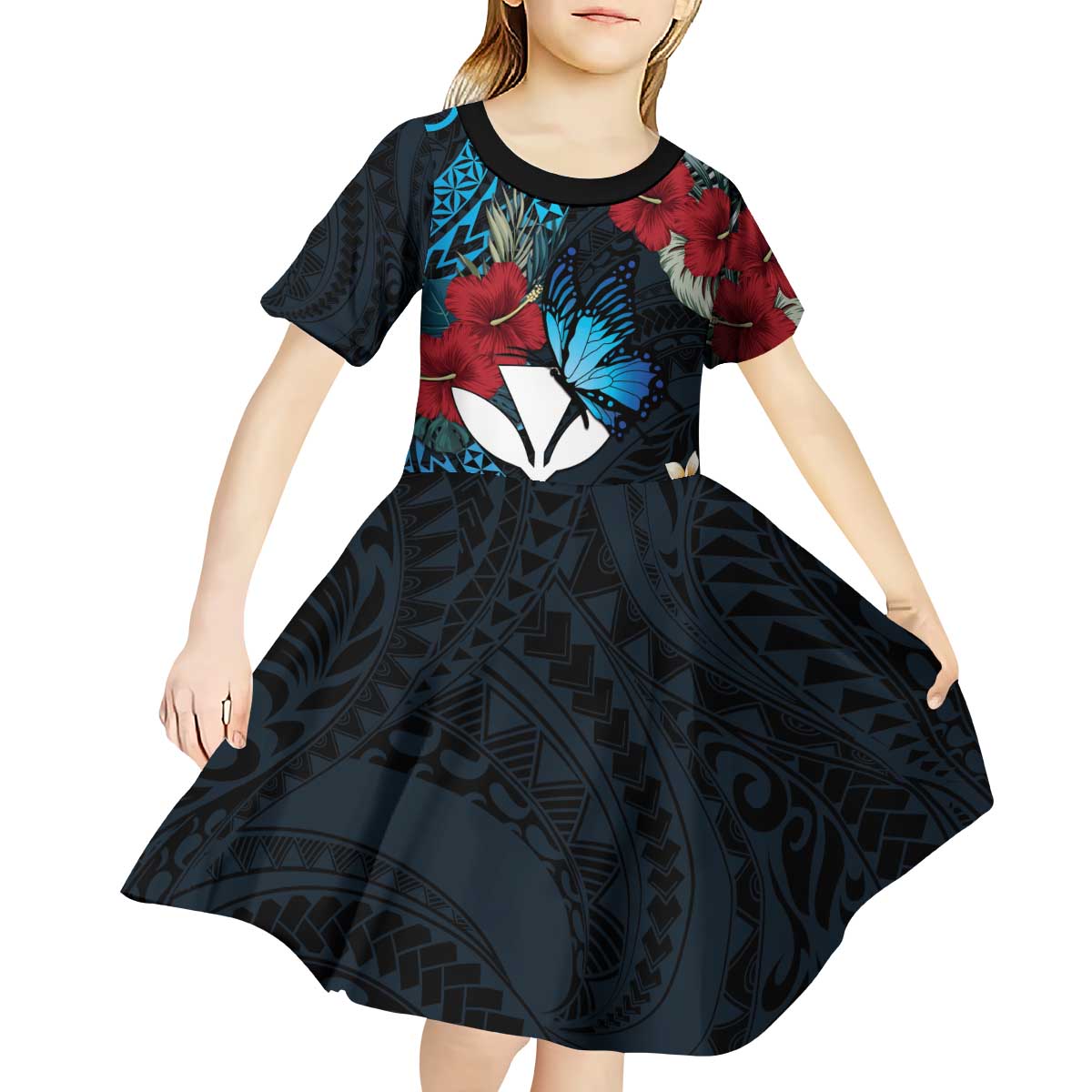 Hawaii Butterfly Kid Short Sleeve Dress Kanaka Maoli Mix Hibiscus