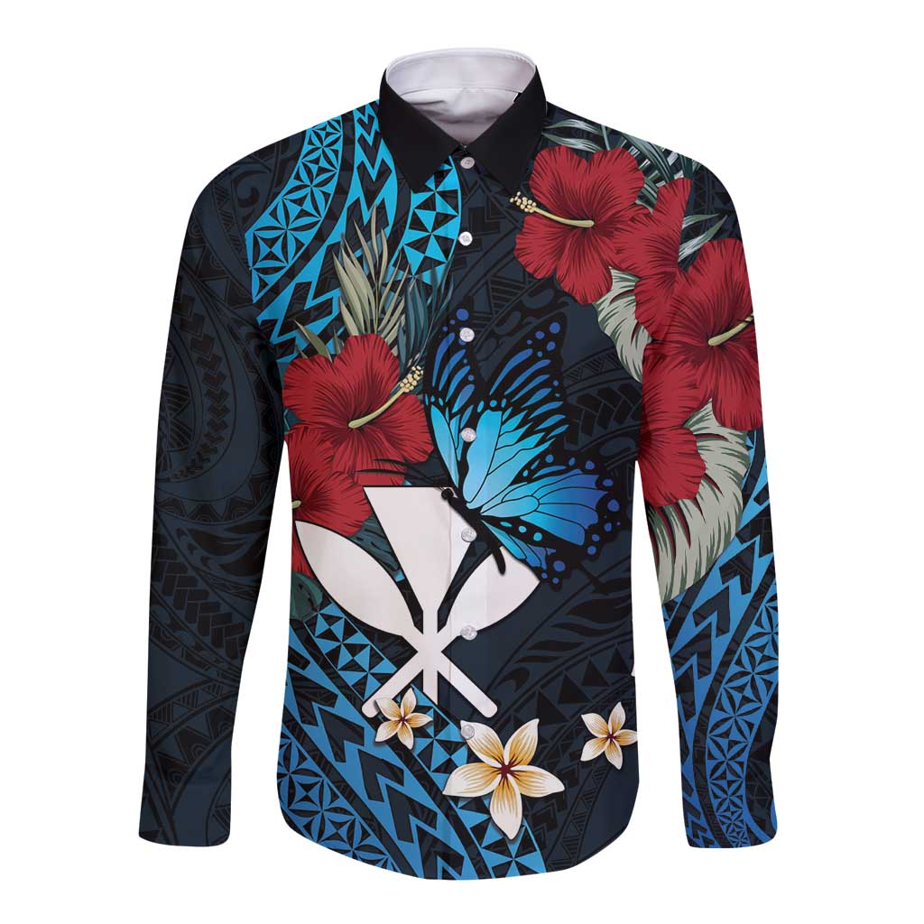 Hawaii Butterfly Long Sleeve Button Shirt Kanaka Maoli Mix Hibiscus