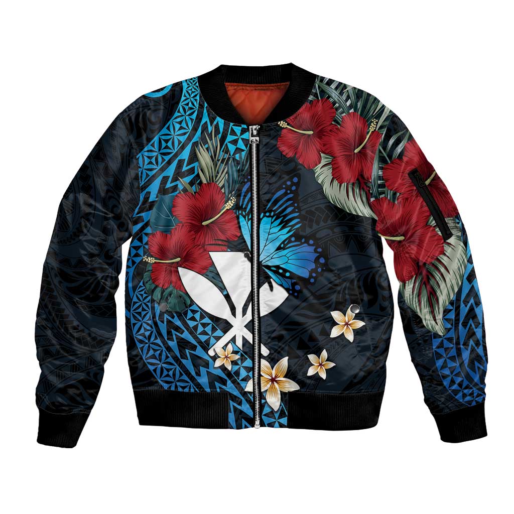 Hawaii Butterfly Sleeve Zip Bomber Jacket Kanaka Maoli Mix Hibiscus