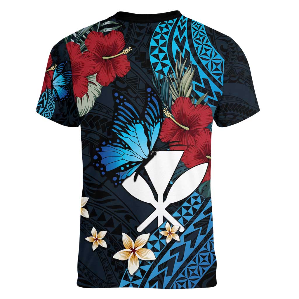 Hawaii Butterfly Women V-Neck T-Shirt Kanaka Maoli Mix Hibiscus