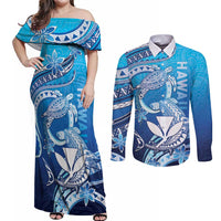 Hawaii Couples Matching Off Shoulder Maxi Dress and Long Sleeve Button Shirt Turtle With Hammerhead Shark Oceanic DT04 Blue - Polynesian Pride