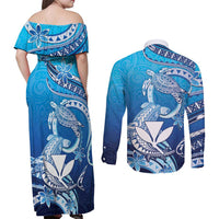 Hawaii Couples Matching Off Shoulder Maxi Dress and Long Sleeve Button Shirt Turtle With Hammerhead Shark Oceanic DT04 - Polynesian Pride