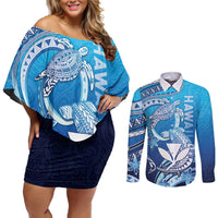 Hawaii Couples Matching Off Shoulder Short Dress and Long Sleeve Button Shirt Turtle With Hammerhead Shark Oceanic DT04 Blue - Polynesian Pride