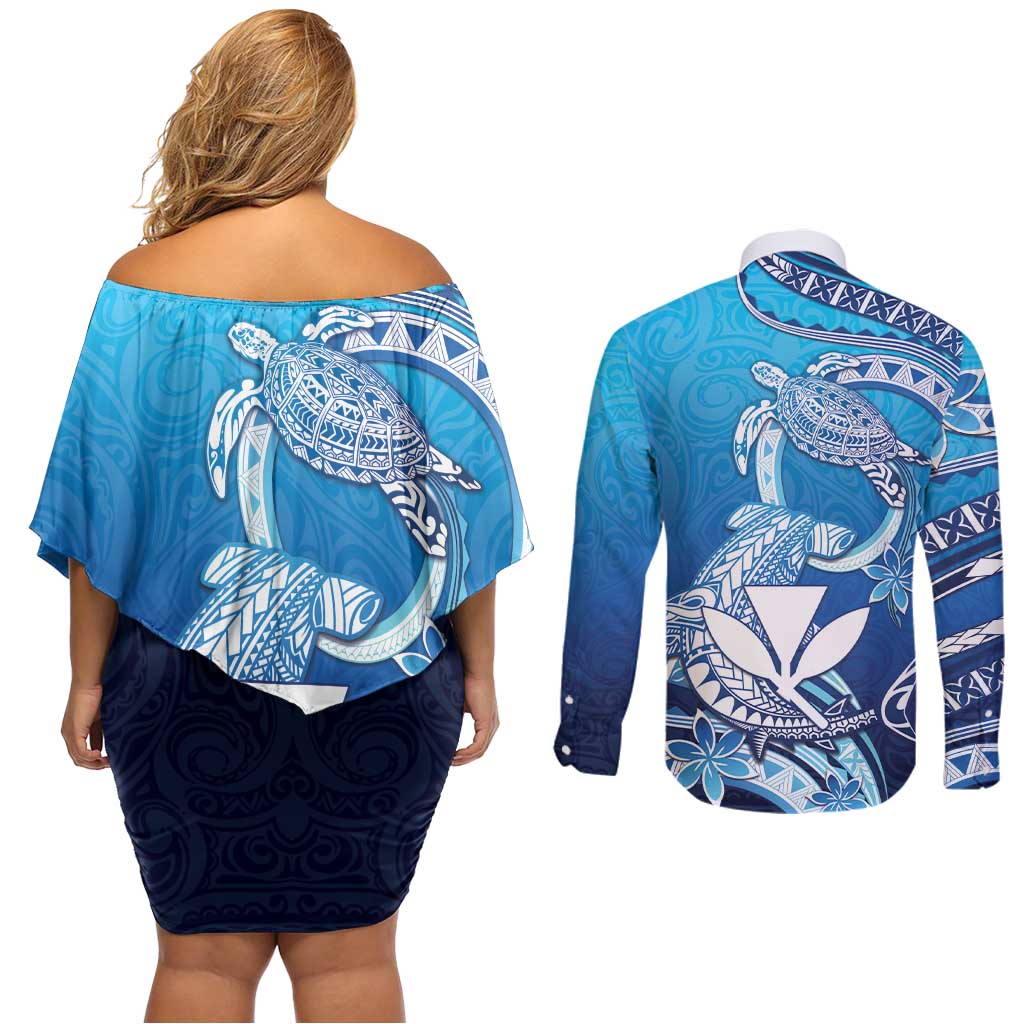 Hawaii Couples Matching Off Shoulder Short Dress and Long Sleeve Button Shirt Turtle With Hammerhead Shark Oceanic DT04 - Polynesian Pride