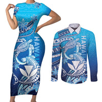 Hawaii Couples Matching Short Sleeve Bodycon Dress and Long Sleeve Button Shirt Turtle With Hammerhead Shark Oceanic DT04 Blue - Polynesian Pride
