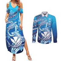 Hawaii Couples Matching Summer Maxi Dress and Long Sleeve Button Shirt Turtle With Hammerhead Shark Oceanic DT04 Blue - Polynesian Pride