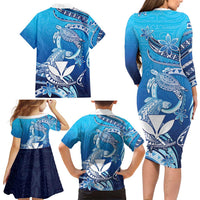 Hawaii Family Matching Long Sleeve Bodycon Dress and Hawaiian Shirt Turtle With Hammerhead Shark Oceanic
