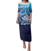 Hawaii Family Matching Puletasi and Hawaiian Shirt Turtle With Hammerhead Shark Oceanic