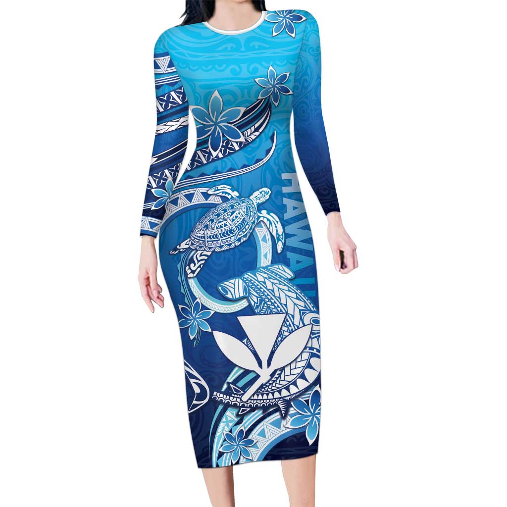 Hawaii Long Sleeve Bodycon Dress Turtle With Hammerhead Shark Oceanic DT04 Long Dress Blue - Polynesian Pride