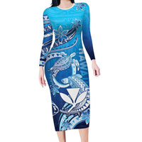 Hawaii Long Sleeve Bodycon Dress Turtle With Hammerhead Shark Oceanic DT04 Long Dress Blue - Polynesian Pride