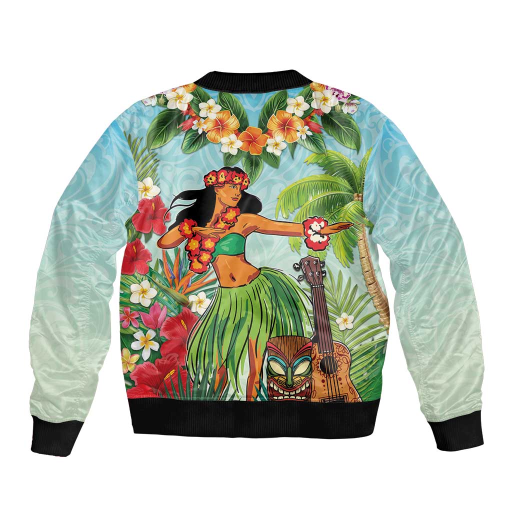 Hawaii Lei Day Bomber Jacket Hula Girl With Tropical Forest