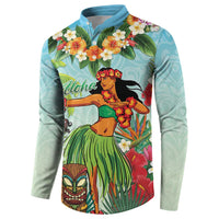 Hawaii Lei Day Button Sweatshirt Hula Girl With Tropical Forest