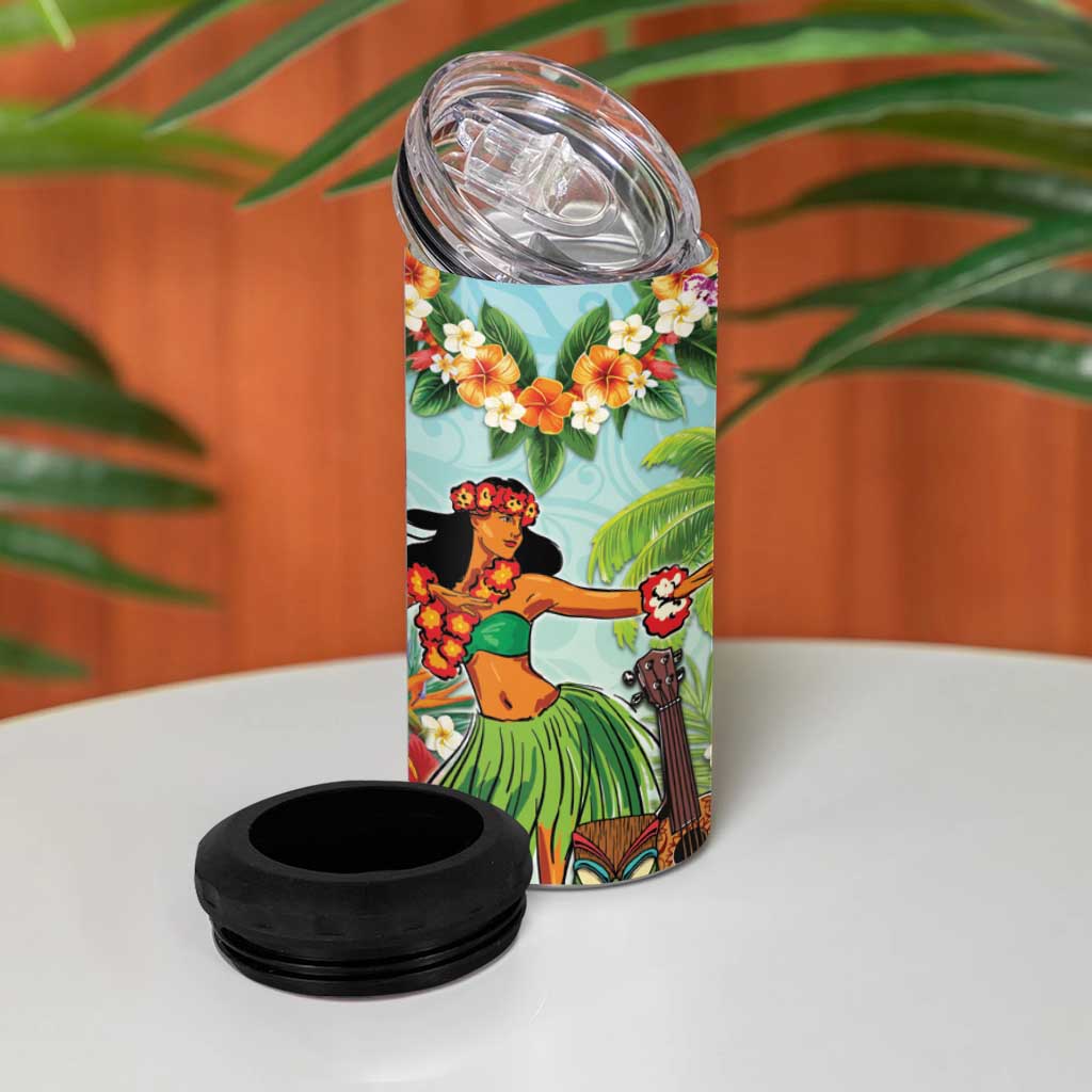 Hawaii Lei Day 4 in 1 Can Cooler Tumbler Hula Girl With Tropical Forest