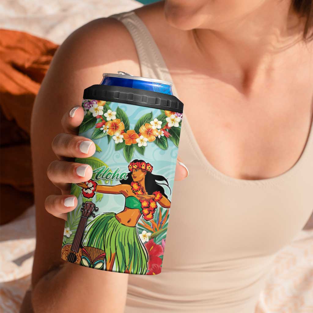 Hawaii Lei Day 4 in 1 Can Cooler Tumbler Hula Girl With Tropical Forest