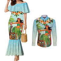Hawaii Lei Day Couples Matching Mermaid Dress and Long Sleeve Button Shirt Hula Girl With Tropical Forest
