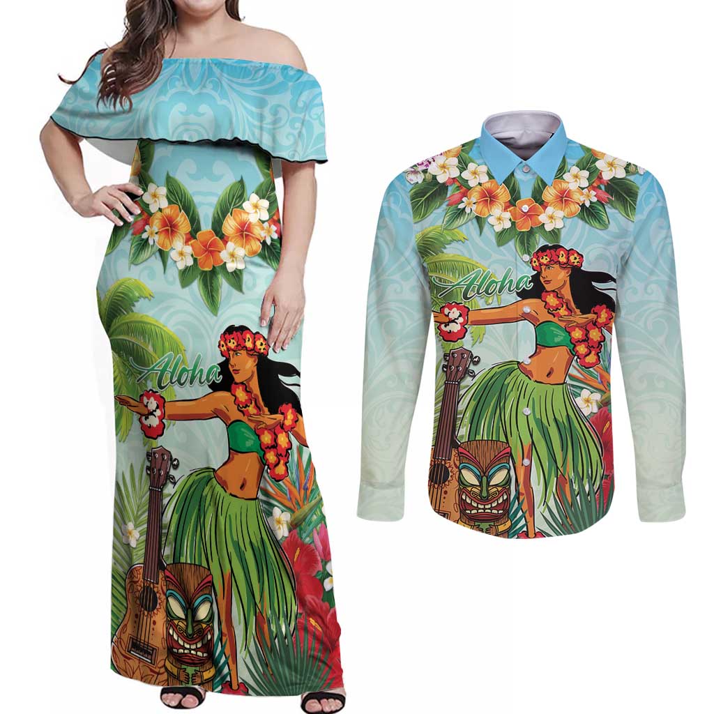 Hawaii Lei Day Couples Matching Off Shoulder Maxi Dress and Long Sleeve Button Shirt Hula Girl With Tropical Forest