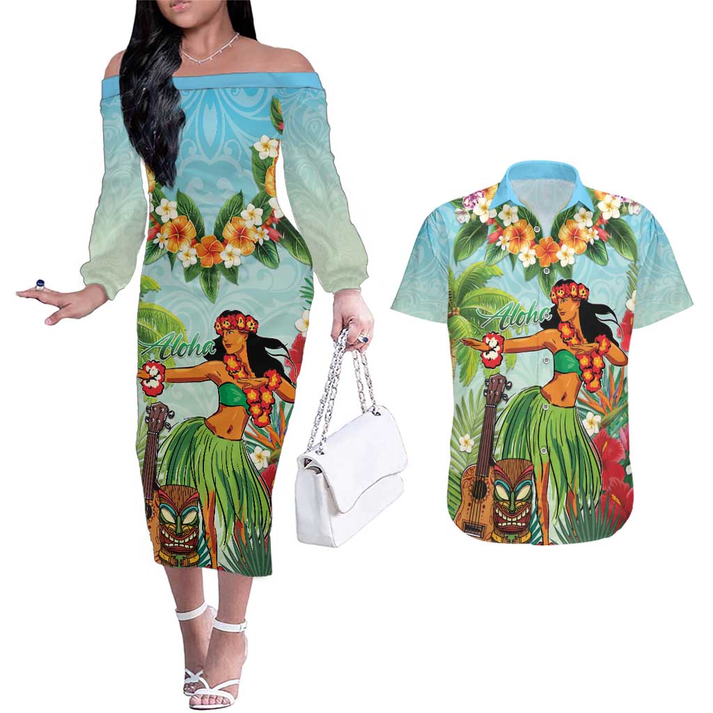 Hawaii Lei Day Couples Matching Off The Shoulder Long Sleeve Dress and Hawaiian Shirt Hula Girl With Tropical Forest