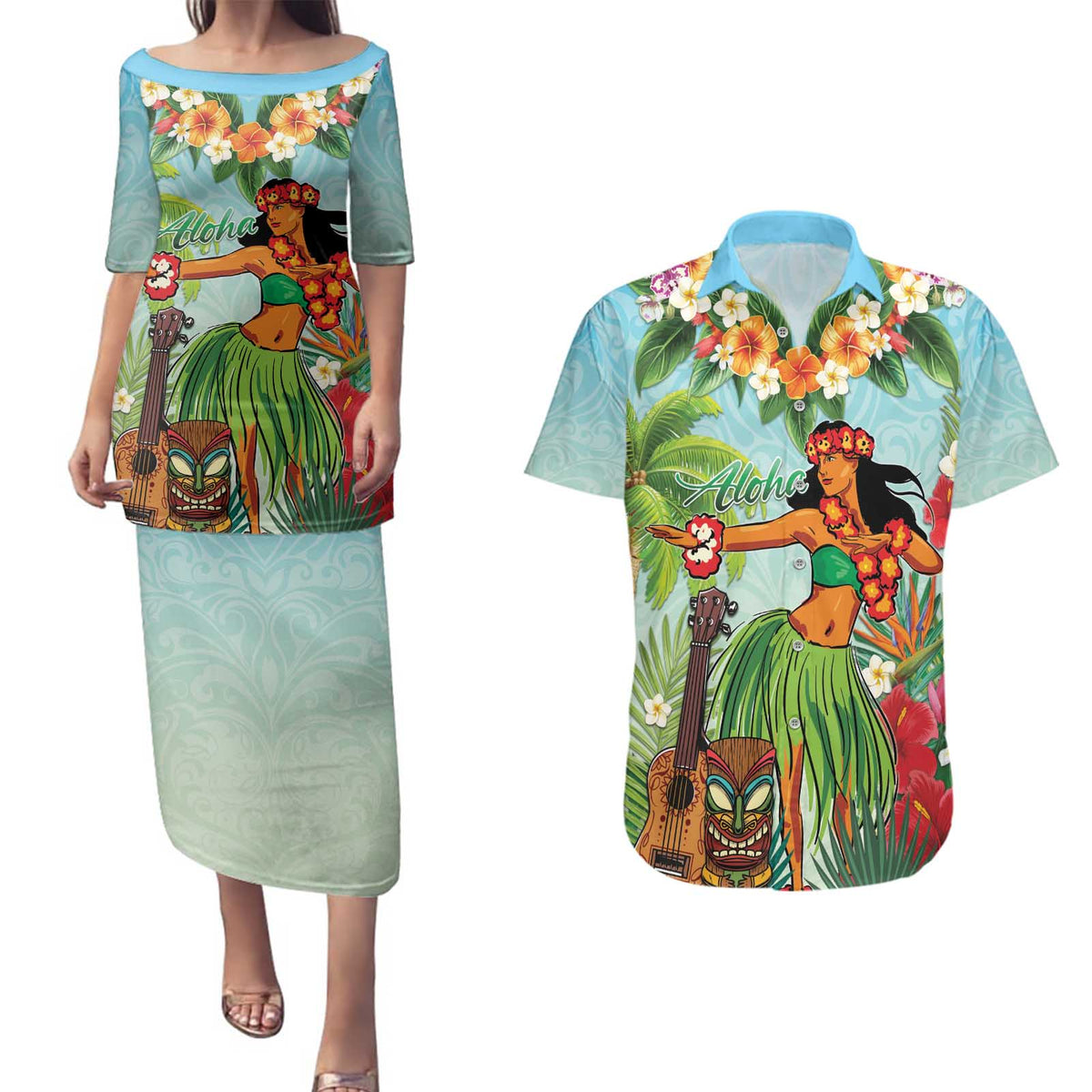 Hawaii Lei Day Couples Matching Puletasi and Hawaiian Shirt Hula Girl With Tropical Forest