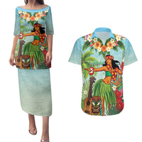 Hawaii Lei Day Couples Matching Puletasi and Hawaiian Shirt Hula Girl With Tropical Forest