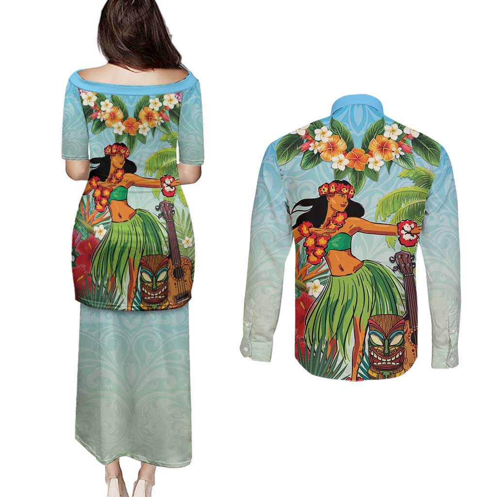 Hawaii Lei Day Couples Matching Puletasi and Long Sleeve Button Shirt Hula Girl With Tropical Forest