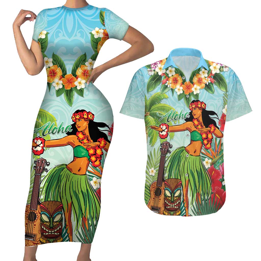 Hawaii Lei Day Couples Matching Short Sleeve Bodycon Dress and Hawaiian Shirt Hula Girl With Tropical Forest