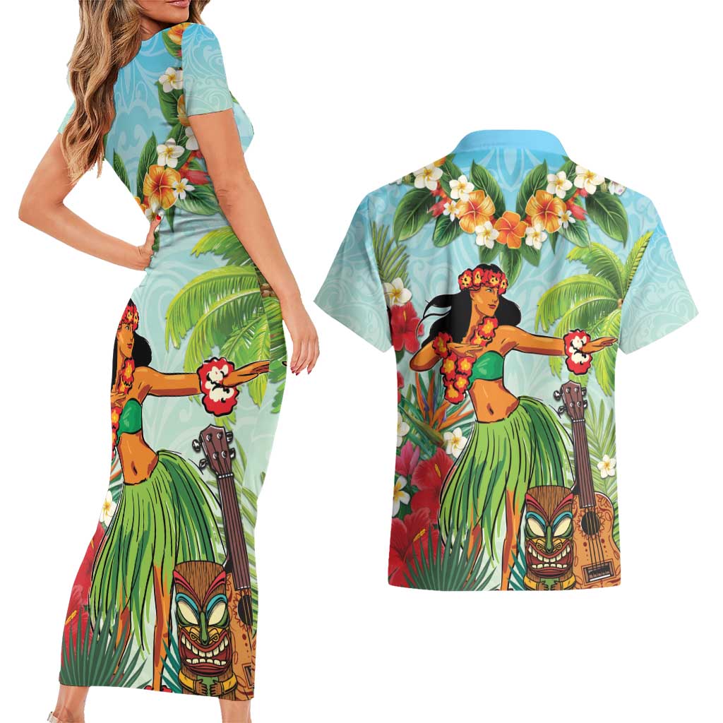 Hawaii Lei Day Couples Matching Short Sleeve Bodycon Dress and Hawaiian Shirt Hula Girl With Tropical Forest