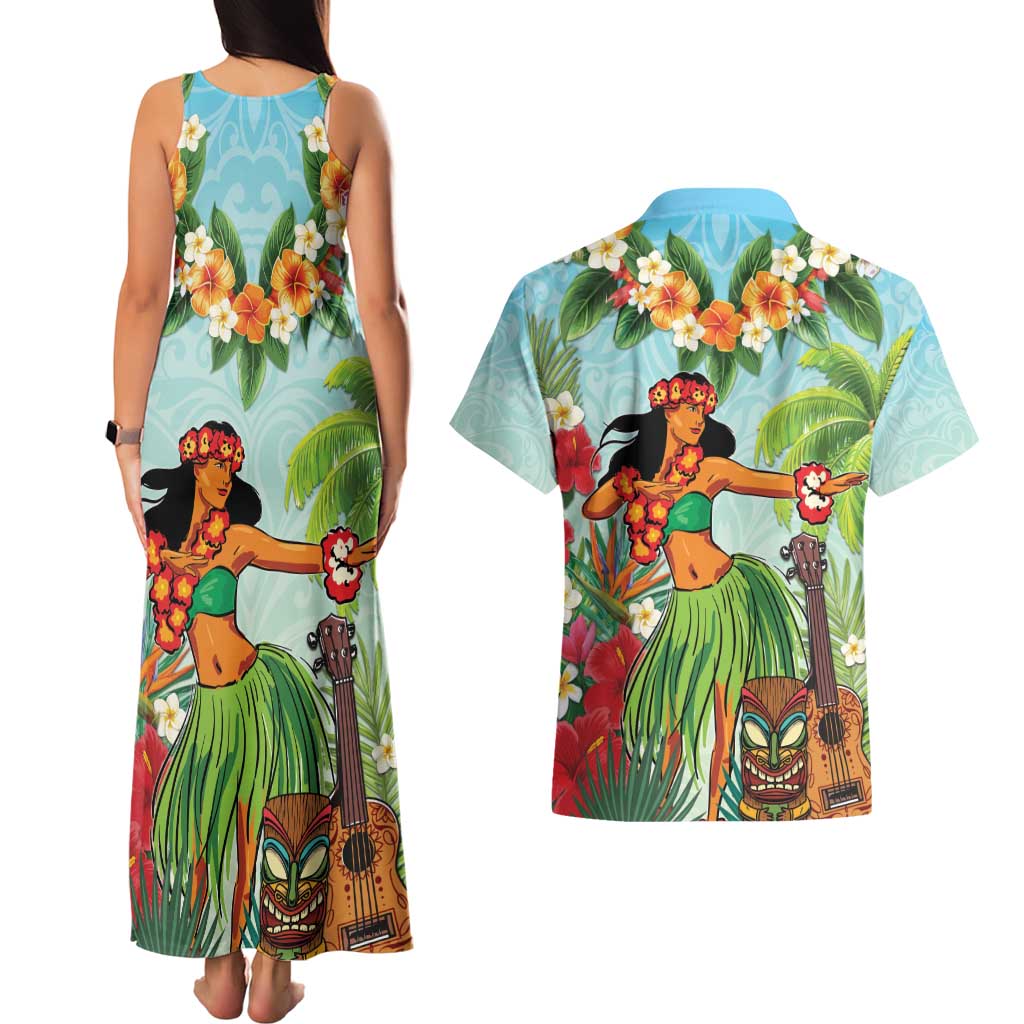 Hawaii Lei Day Couples Matching Tank Maxi Dress and Hawaiian Shirt Hula Girl With Tropical Forest