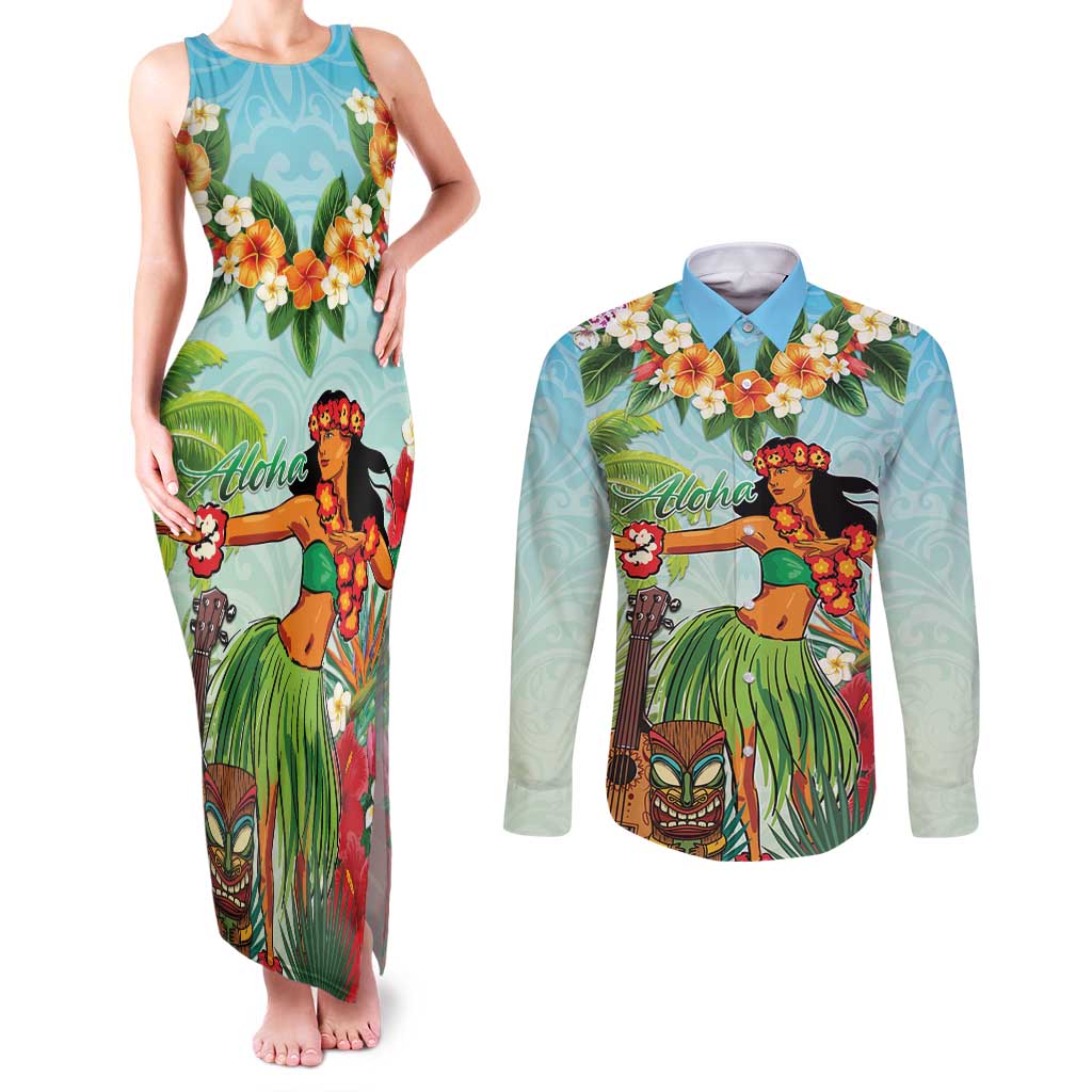 Hawaii Lei Day Couples Matching Tank Maxi Dress and Long Sleeve Button Shirt Hula Girl With Tropical Forest
