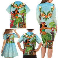 Hawaii Lei Day Family Matching Long Sleeve Bodycon Dress and Hawaiian Shirt Hula Girl With Tropical Forest