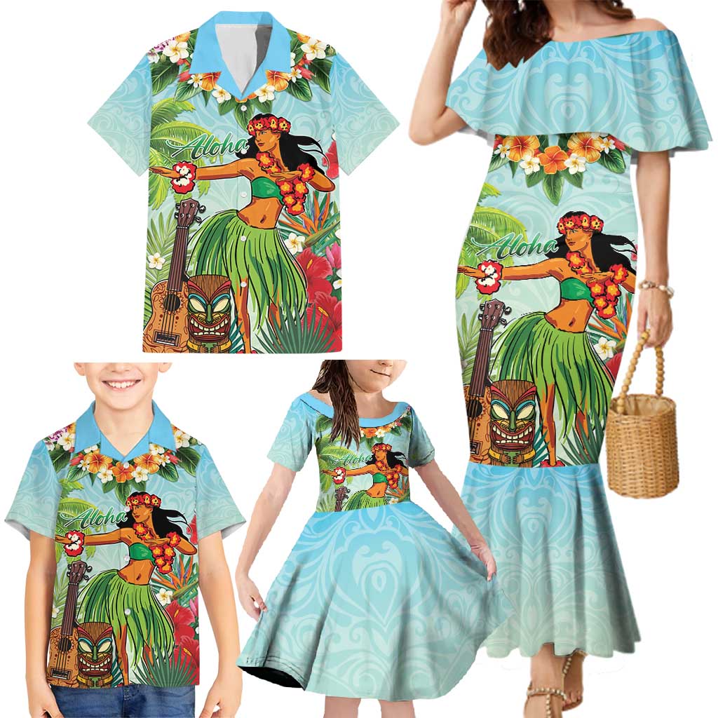 Hawaii Lei Day Family Matching Mermaid Dress and Hawaiian Shirt Hula Girl With Tropical Forest