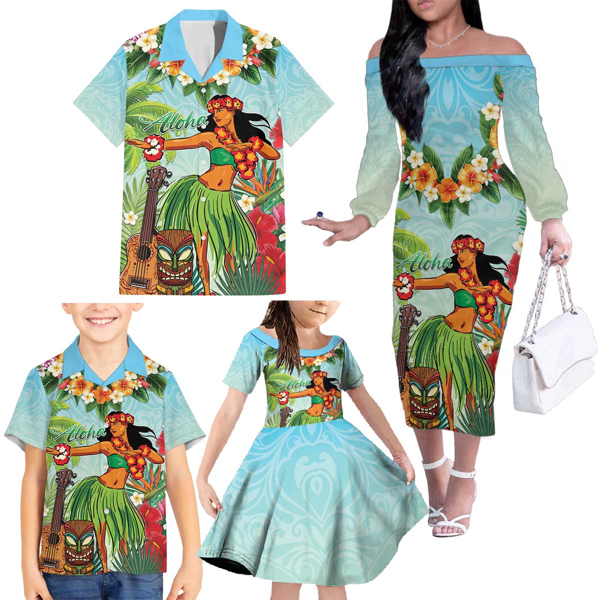 Hawaii Lei Day Family Matching Off The Shoulder Long Sleeve Dress and Hawaiian Shirt Hula Girl With Tropical Forest