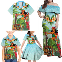 Hawaii Lei Day Family Matching Off Shoulder Maxi Dress and Hawaiian Shirt Hula Girl With Tropical Forest