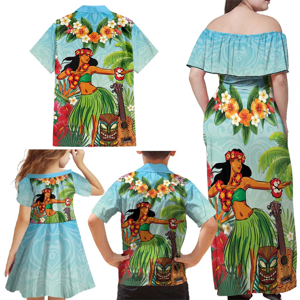 Hawaii Lei Day Family Matching Off Shoulder Maxi Dress and Hawaiian Shirt Hula Girl With Tropical Forest