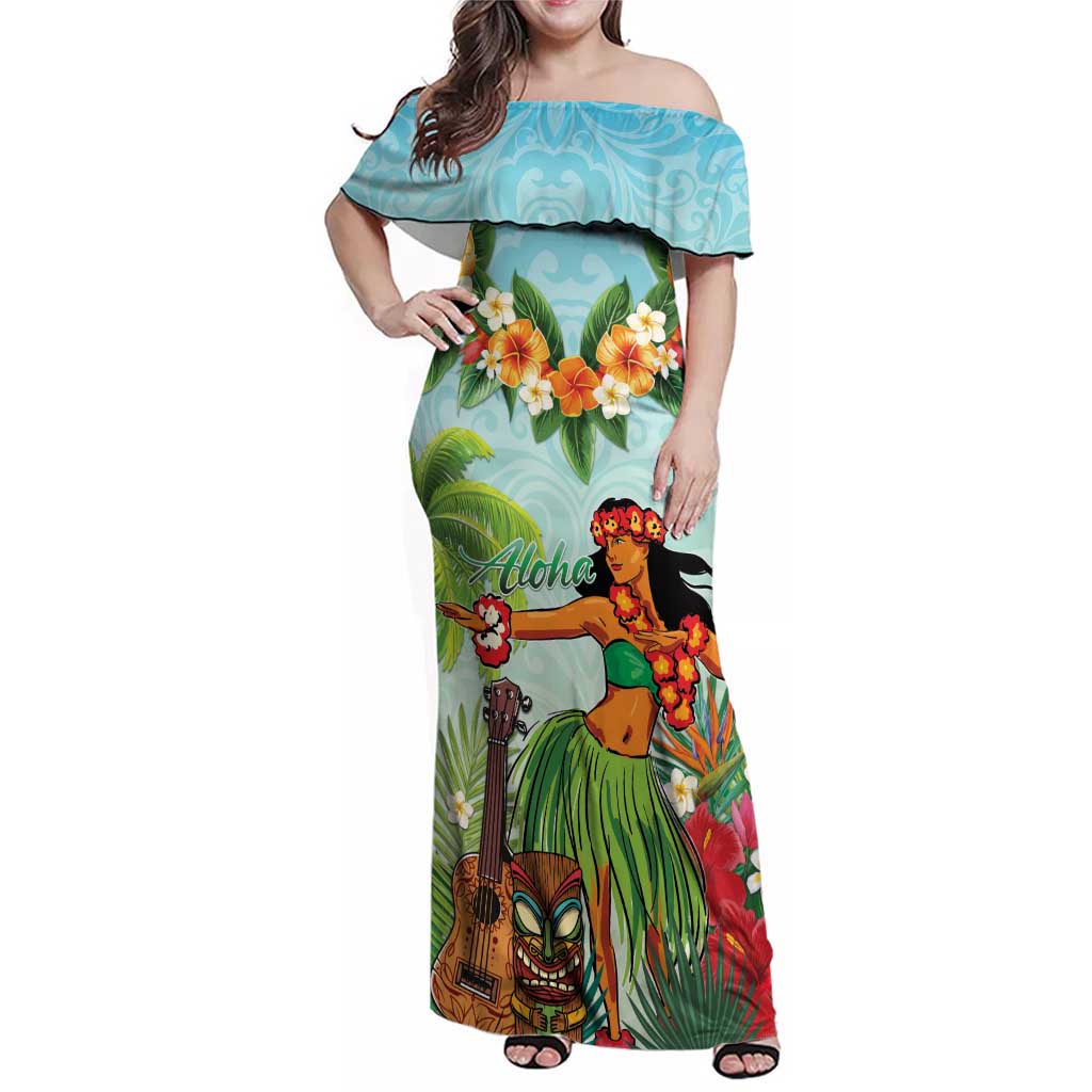 Hawaii Lei Day Family Matching Off Shoulder Maxi Dress and Hawaiian Shirt Hula Girl With Tropical Forest