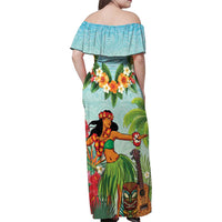 Hawaii Lei Day Family Matching Off Shoulder Maxi Dress and Hawaiian Shirt Hula Girl With Tropical Forest