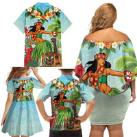 Hawaii Lei Day Family Matching Off Shoulder Short Dress and Hawaiian Shirt Hula Girl With Tropical Forest
