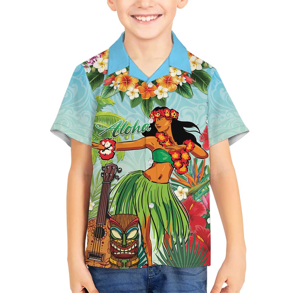 Hawaii Lei Day Family Matching Off Shoulder Short Dress and Hawaiian Shirt Hula Girl With Tropical Forest
