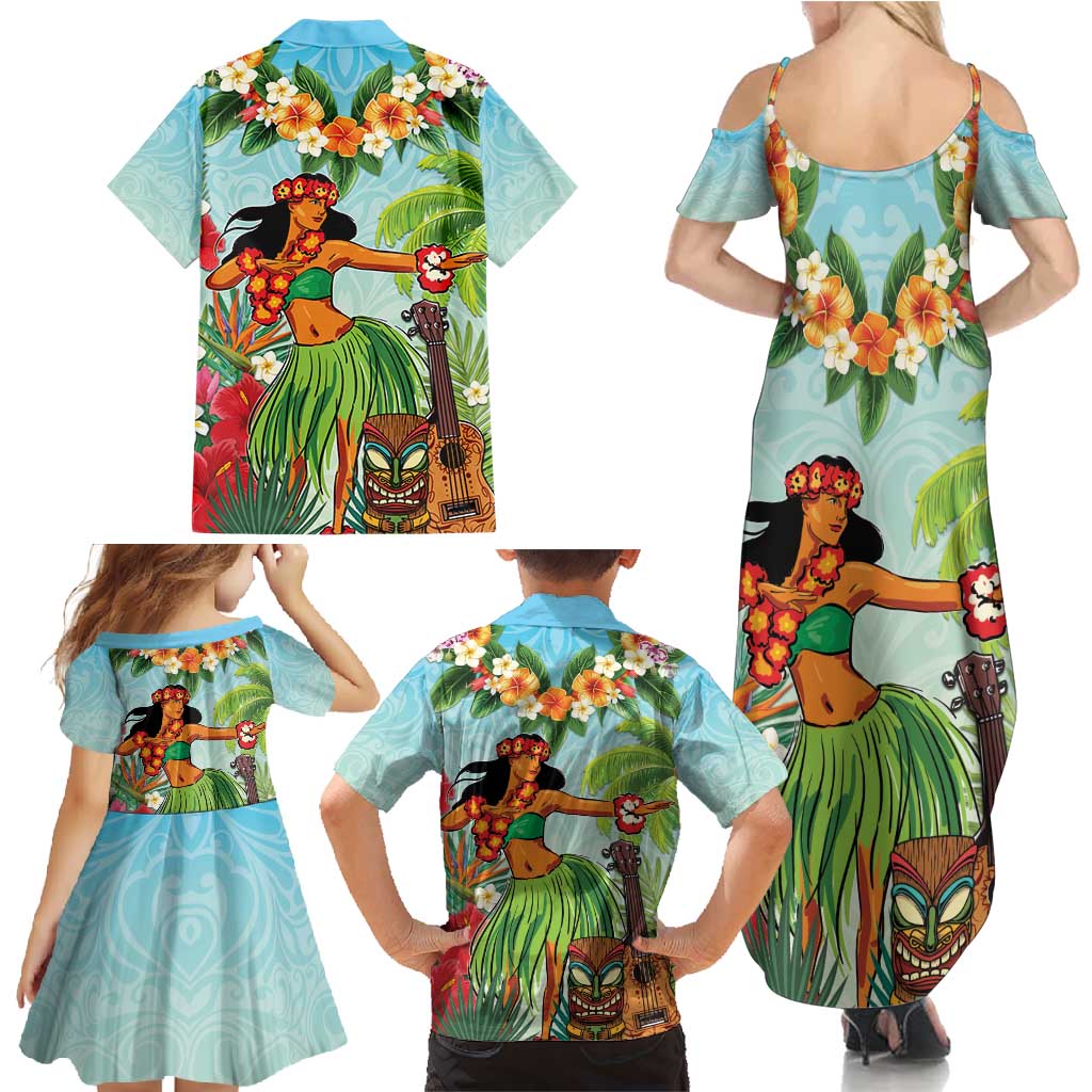 Hawaii Lei Day Family Matching Summer Maxi Dress and Hawaiian Shirt Hula Girl With Tropical Forest