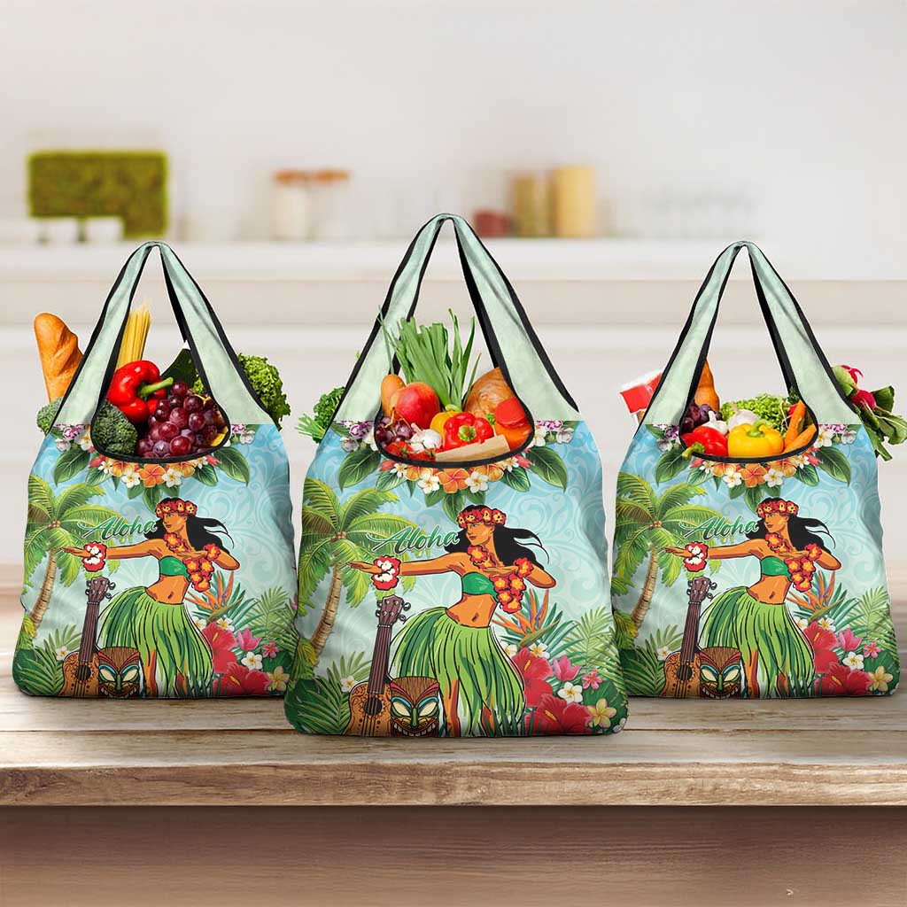 Hawaii Lei Day Grocery Bag Hula Girl With Tropical Forest