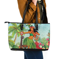Hawaii Lei Day Leather Tote Bag Hula Girl With Tropical Forest