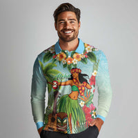 Hawaii Lei Day Long Sleeve Polo Shirt Hula Girl With Tropical Forest