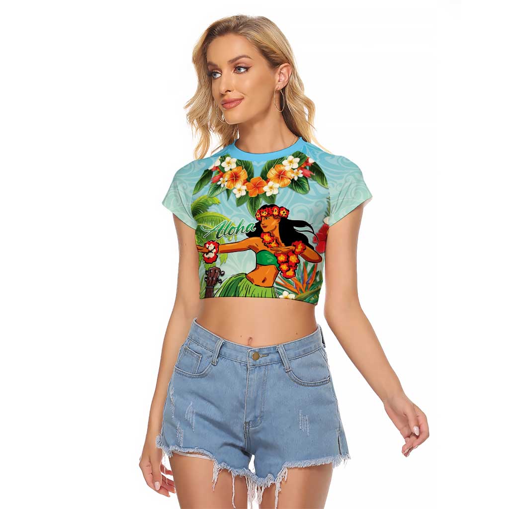 Hawaii Lei Day Raglan Cropped T Shirt Hula Girl With Tropical Forest
