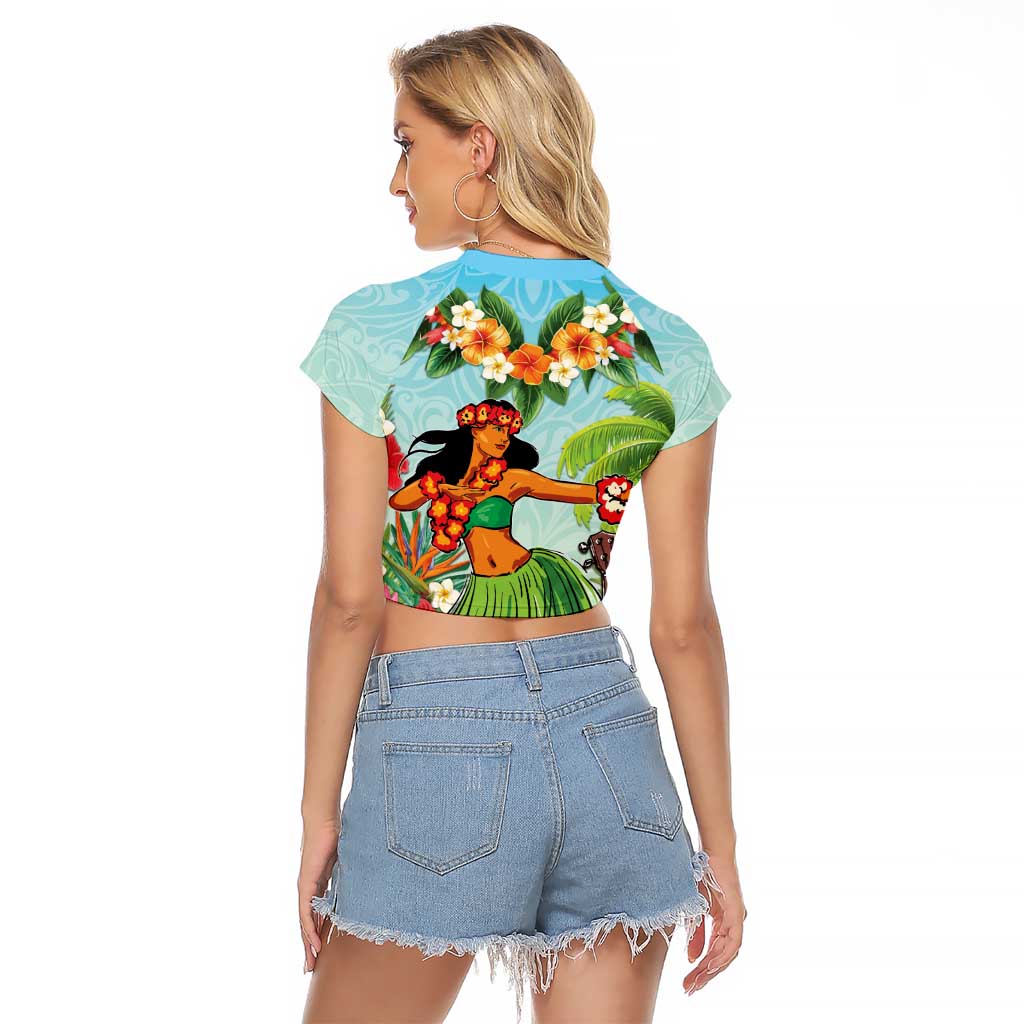 Hawaii Lei Day Raglan Cropped T Shirt Hula Girl With Tropical Forest
