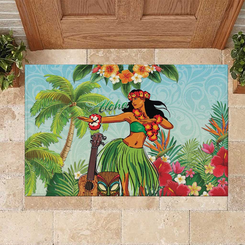 Hawaii Lei Day Rubber Doormat Hula Girl With Tropical Forest