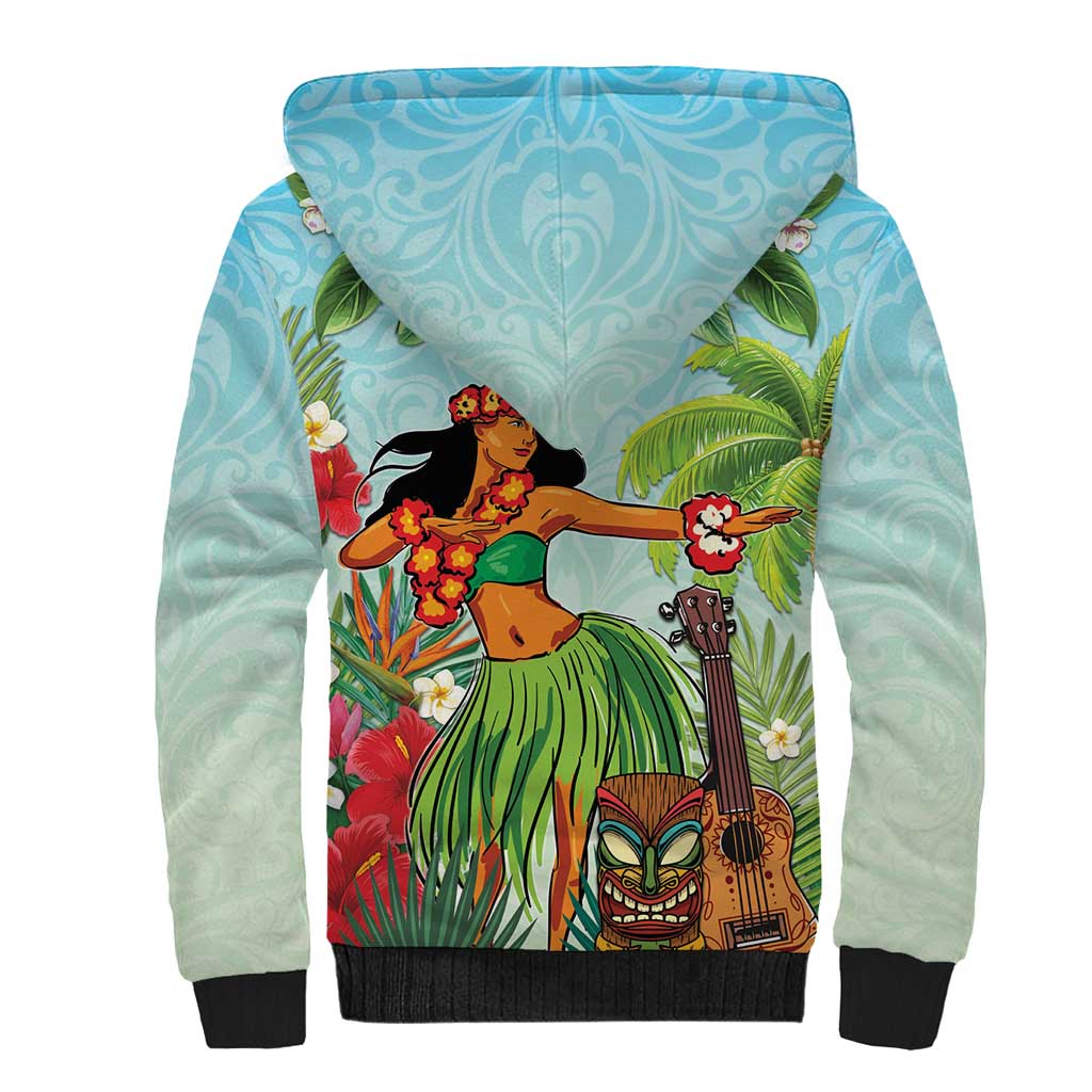 Hawaii Lei Day Sherpa Hoodie Hula Girl With Tropical Forest